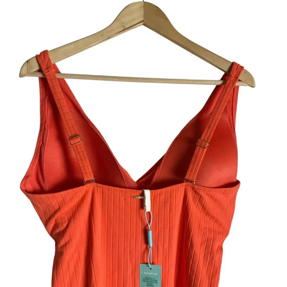 Sea Level Tangerine Orange Vesper Cross Front V-Neck One Piece Swimsuit Size 14